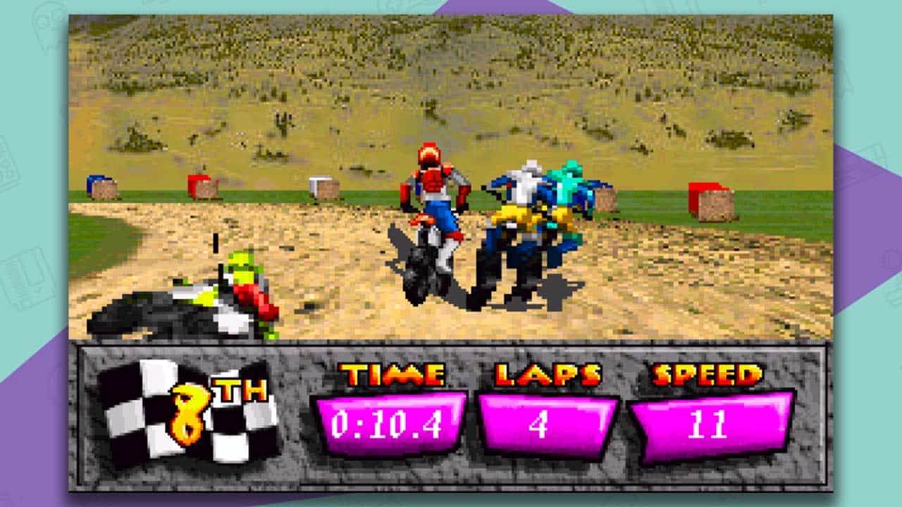 Motocross Championship gameplay, with three bikers jostling on a dirt road and one laid on the ground