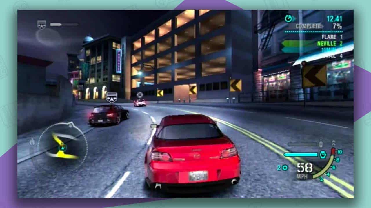 Need For Speed Carbon gameplay, with a red car driving along a street at night.