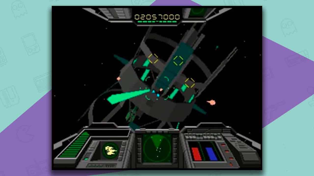 Shadow Squadron gameplay, showing a ship firing green lasers at a larger space station