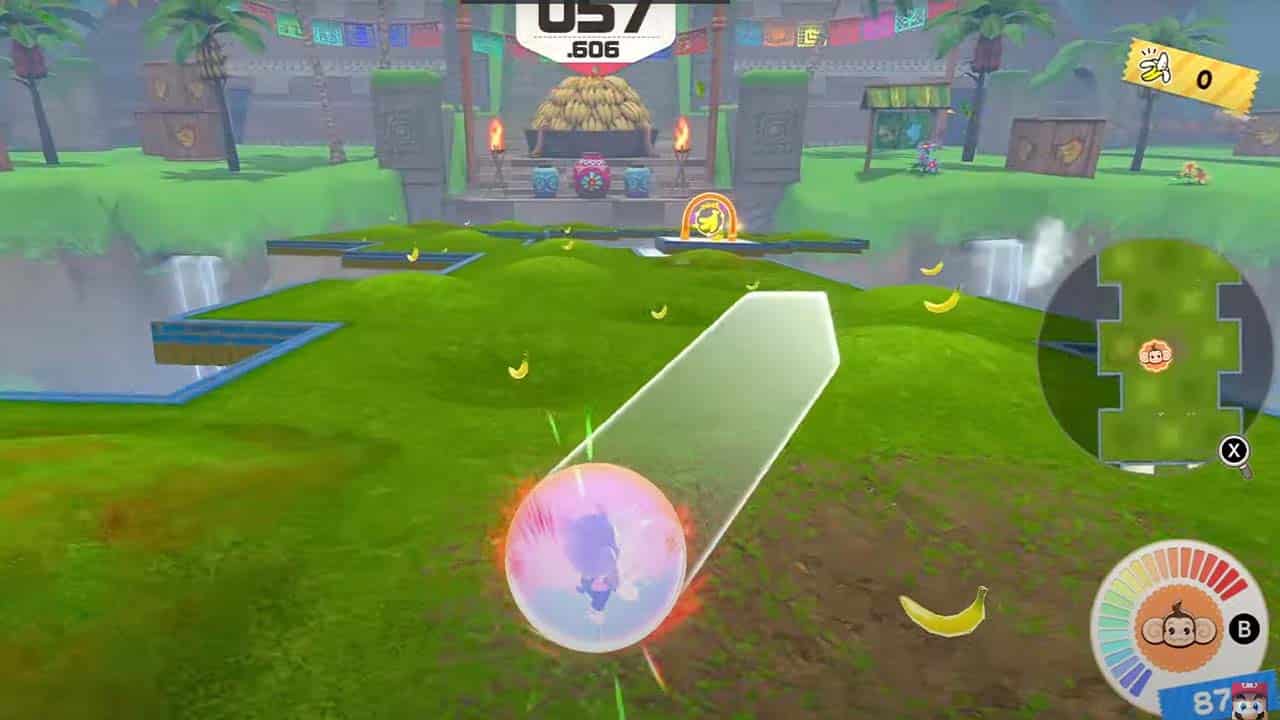 Super Monkey Ball Banana Rumble gameplay - firing towards the end goal