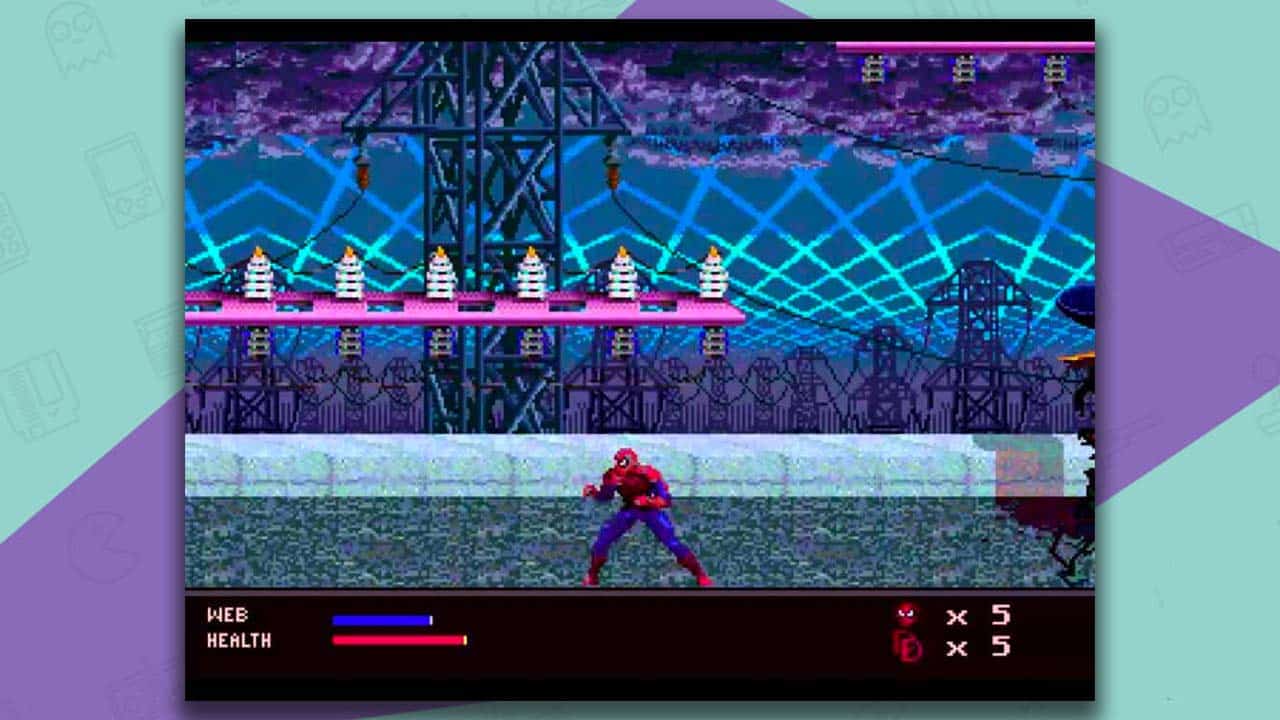 The Amazing Spider-Man: Web of Fire 32x, with Spiderman standing near some electricity pylons at night