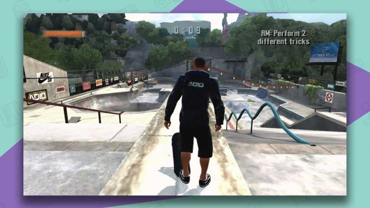 Tony Hawk's Project 8 gameplay - railings near empty bowls