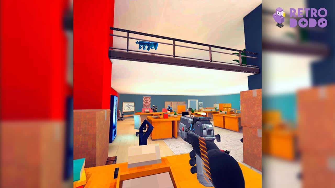 Under cover gameplay - gun pointing at desks