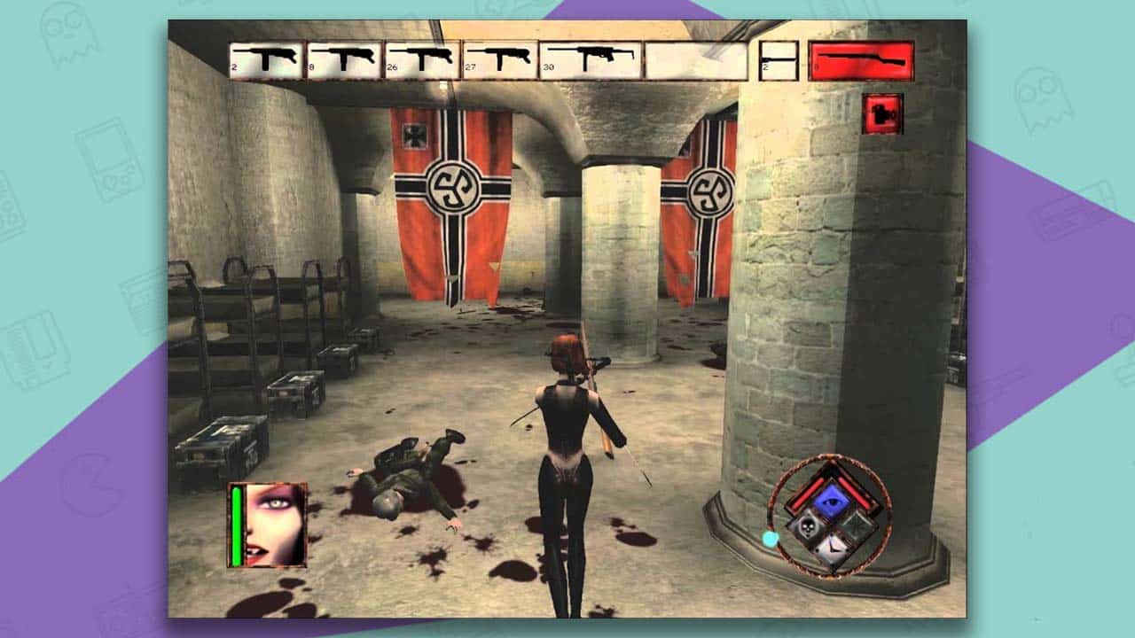 Vampire character in high heels and leather outfit fighting enemies in a room with stone pillars