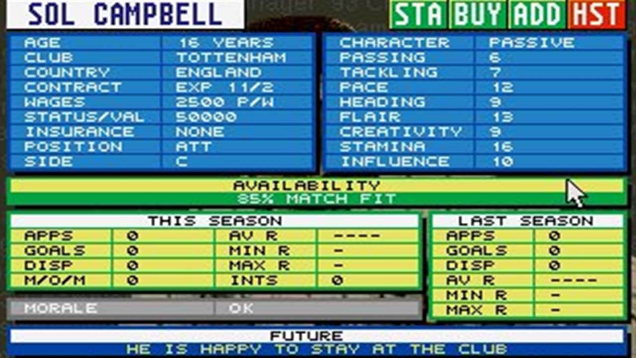 Championship Manager 93/94 gameplay showing Sol Campbell's stats