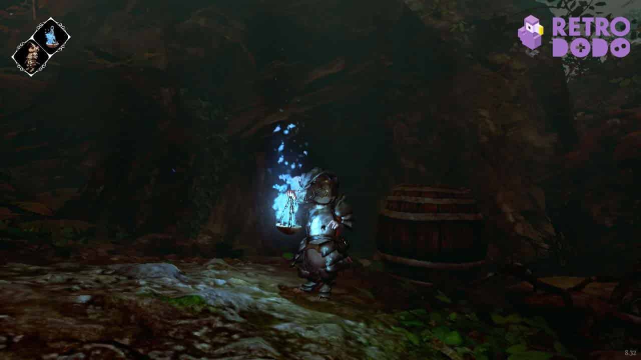 Ghost of a Tale gameplay - Tilo the mouse wearing armour and holding a lantern with blue flame. 