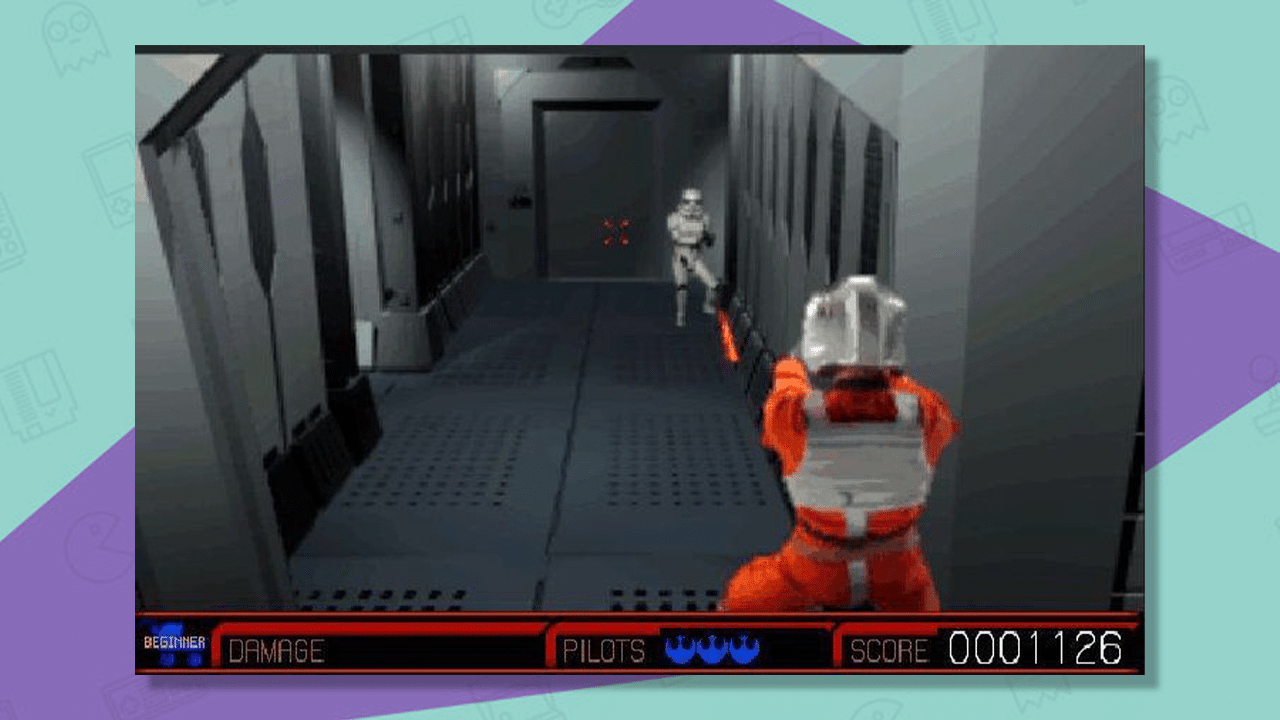 Star Wars Rebel Assault II: The Hidden Empire gameplay of Rookie One in battle with a Stormtrooper.