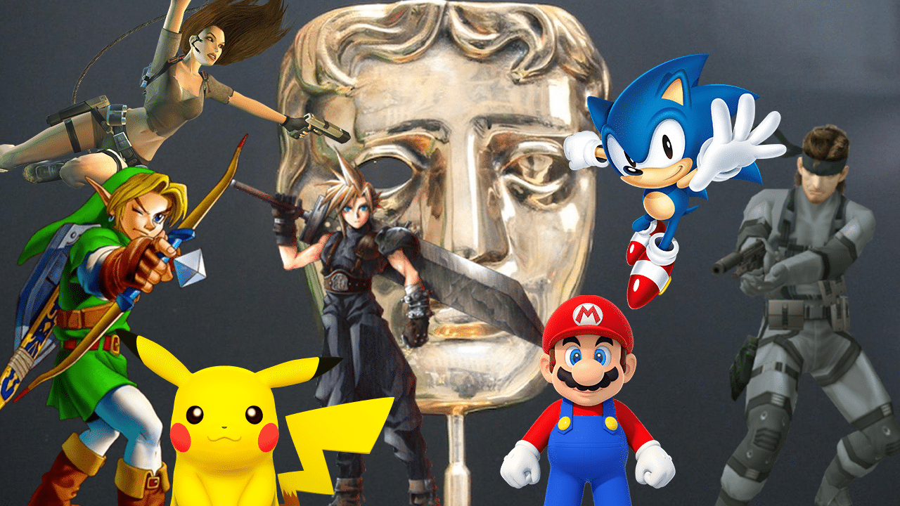 Several of the iconic video game characters in front of a BAFTA award.