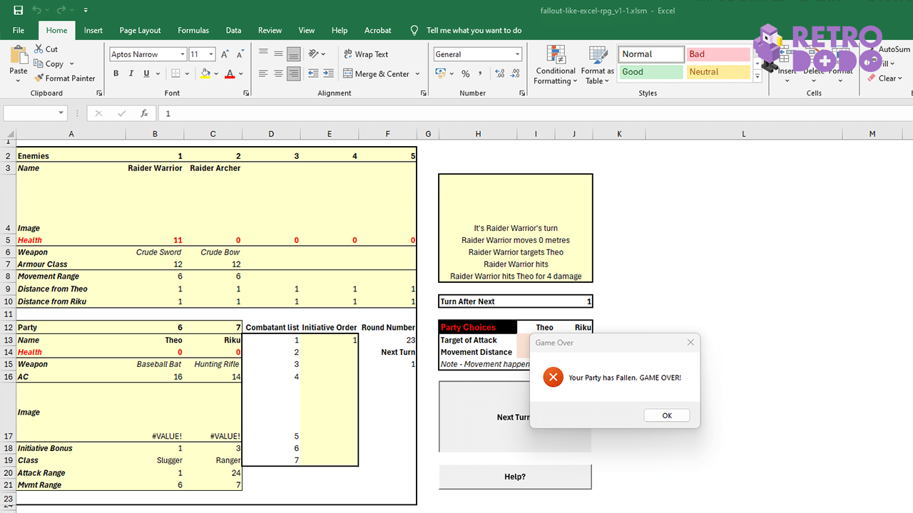 Fallout But In Excel game over