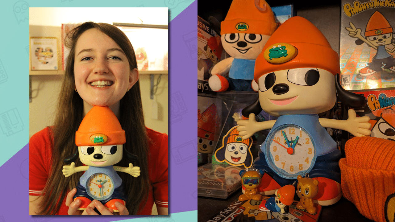 Rosie Caddick posing with her Parappa the Rapper clock and her Parappa collection.