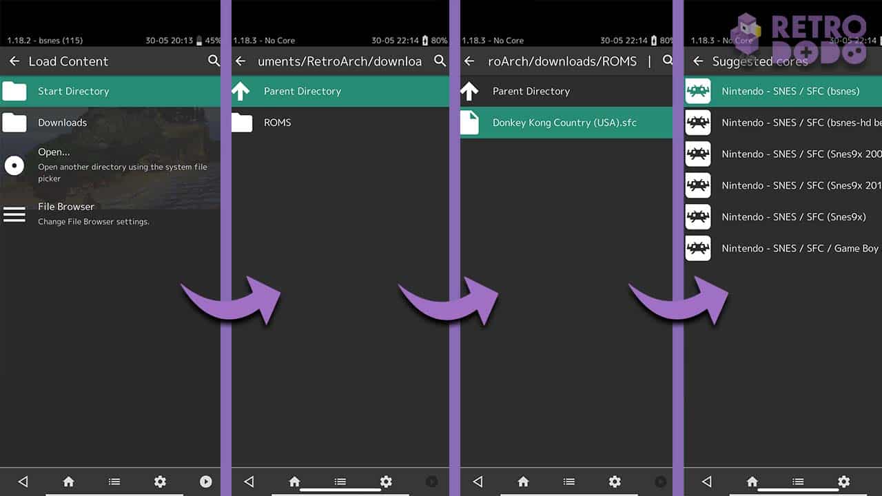 The process of loading ROMs into Retro Arch