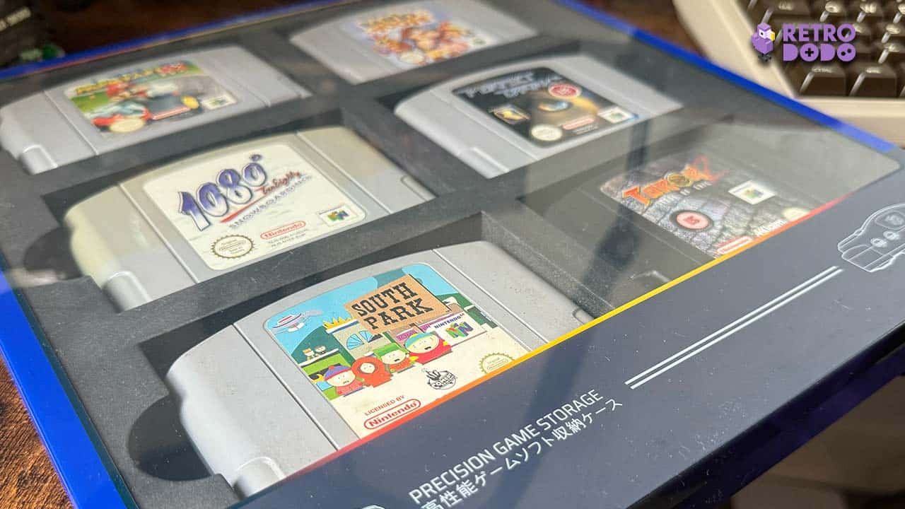 Close-up view of Seb's N64 carts in the Book4Games display case