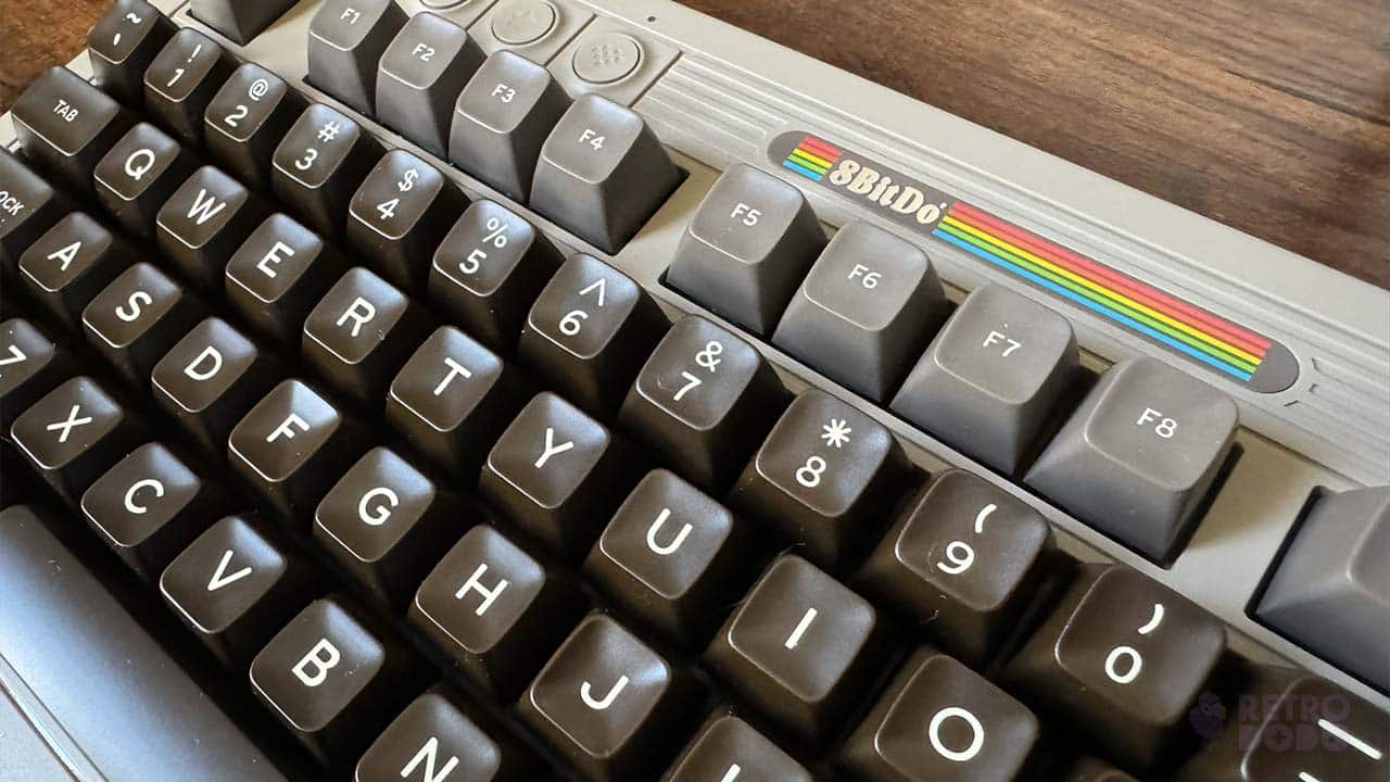 A close-up picture of the keycaps on the 8BitdDo C64 mechanical keyboard