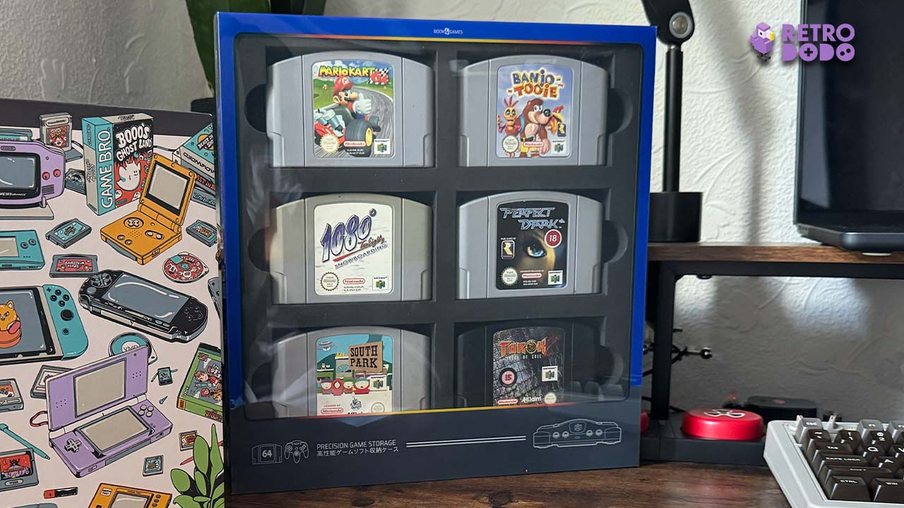 6 N64 cartridges in a plastic display case