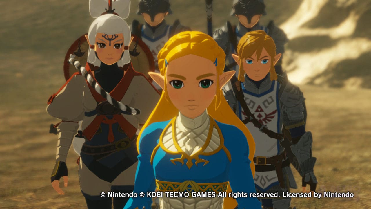 Zelda, Link, Impa, and soldiers in Age of Calamity