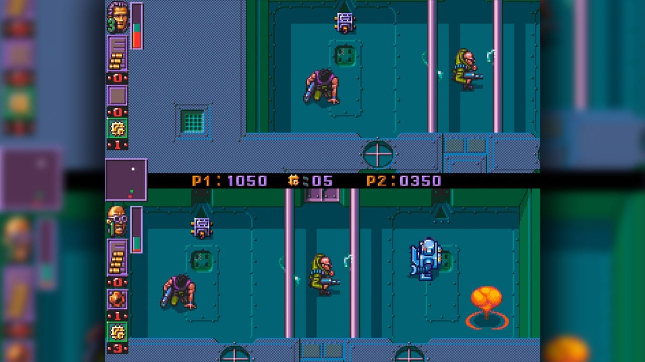 Screen Grab from The Chaos Engine 2 showing characters fighting in an industrial area