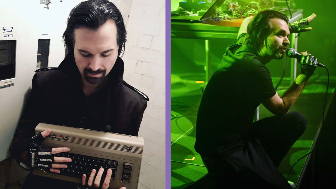 Remute holding a C64 (left) and performing live (right)