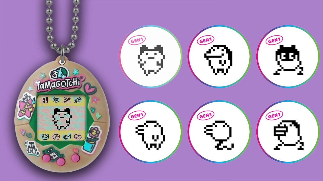 Tamagotchi recycled egg toy with images of the characters avaialable to look after