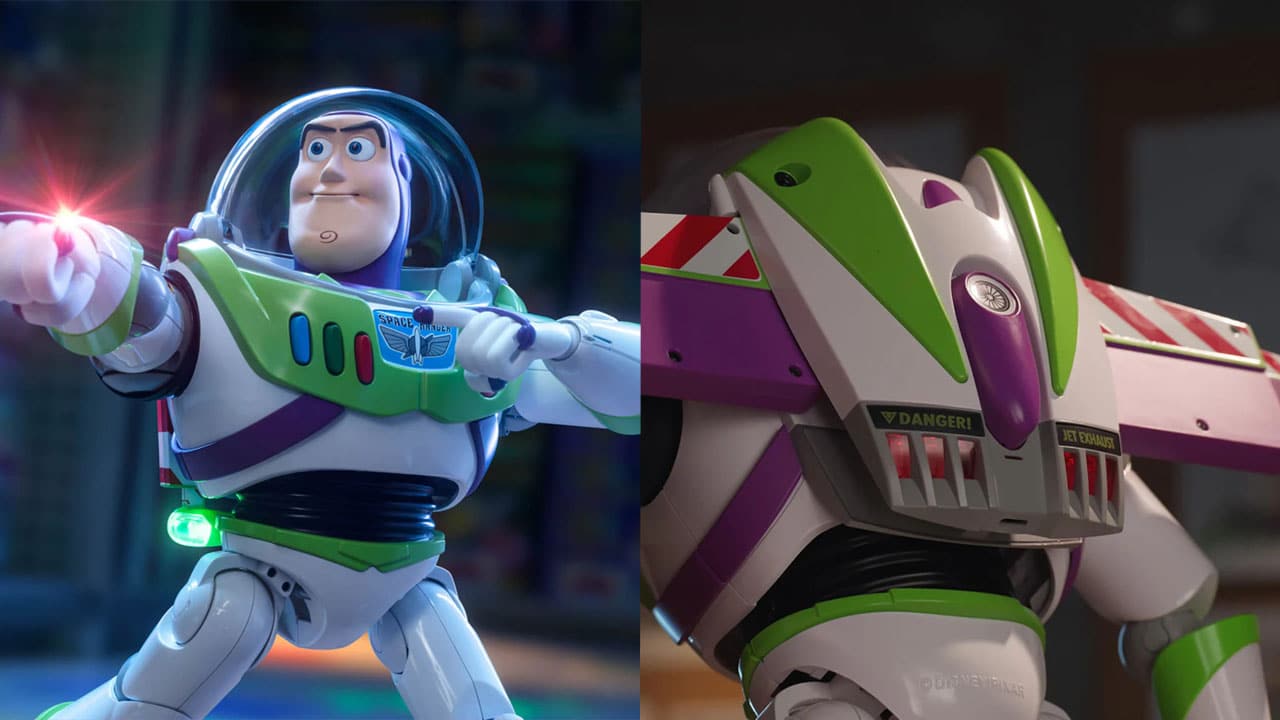 Buzz lightyear using his laser (left) and a close up of his wings (right)