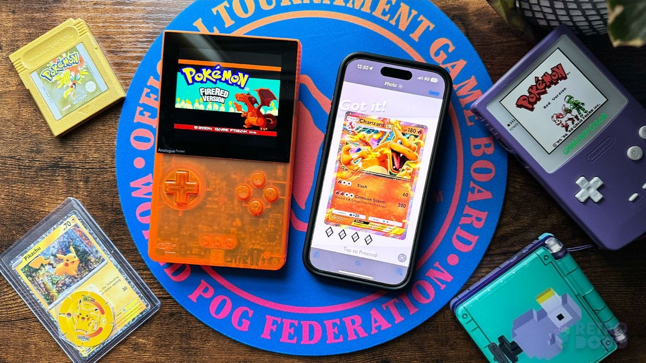 Pokemon Fire Red next to the TCGP app showing Seb's Charizard