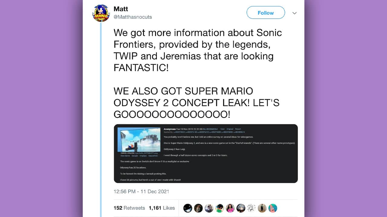 A Tweet screenshot giving details of Super Mario Odyssey 2