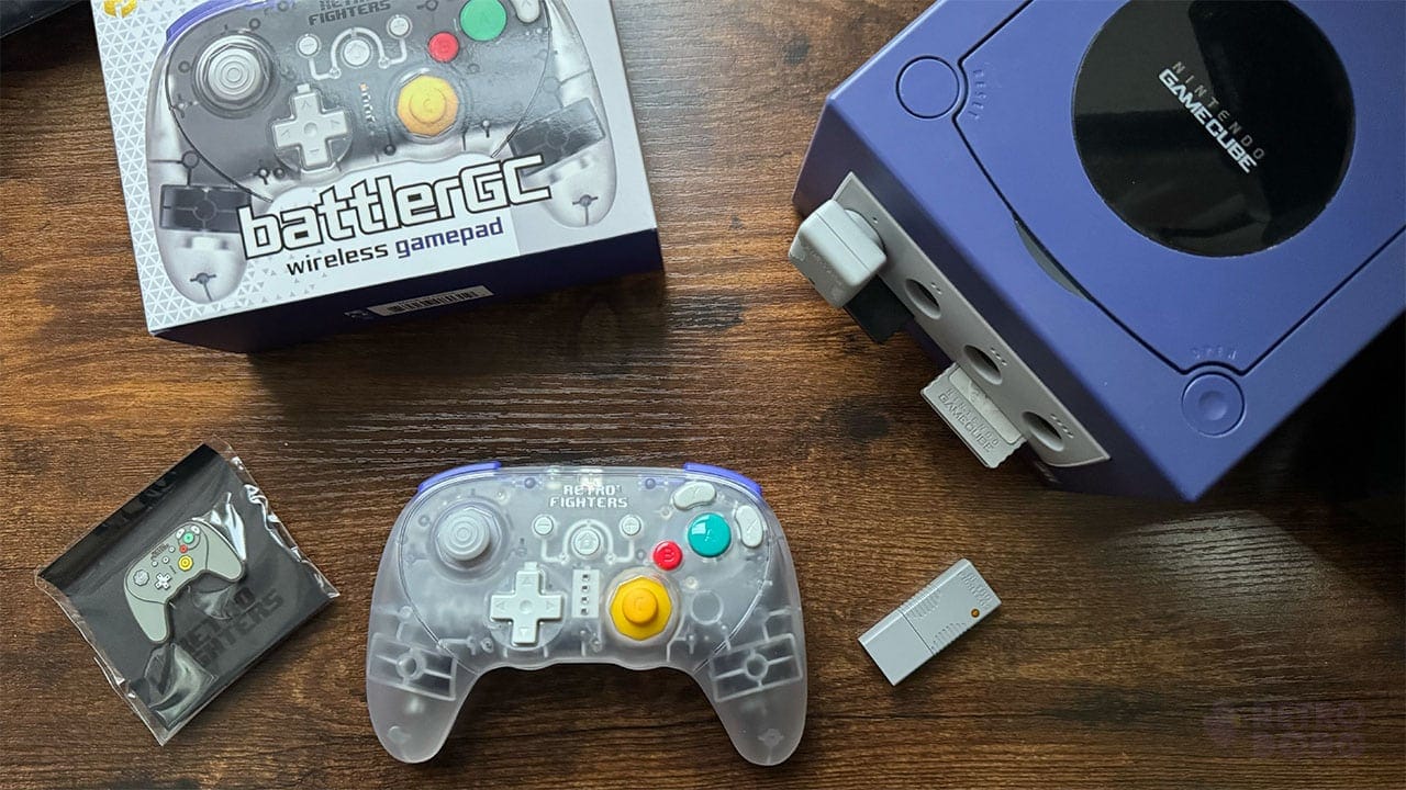 The contents of the BattlerGC Pro box next to Seb's GameCube