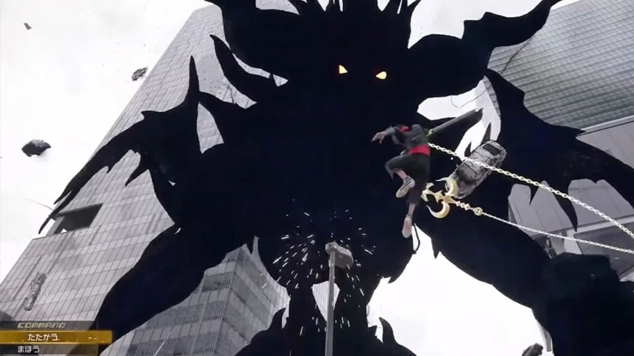 Sora fighting a black cel-shaded looking demon in front of a skyscraper