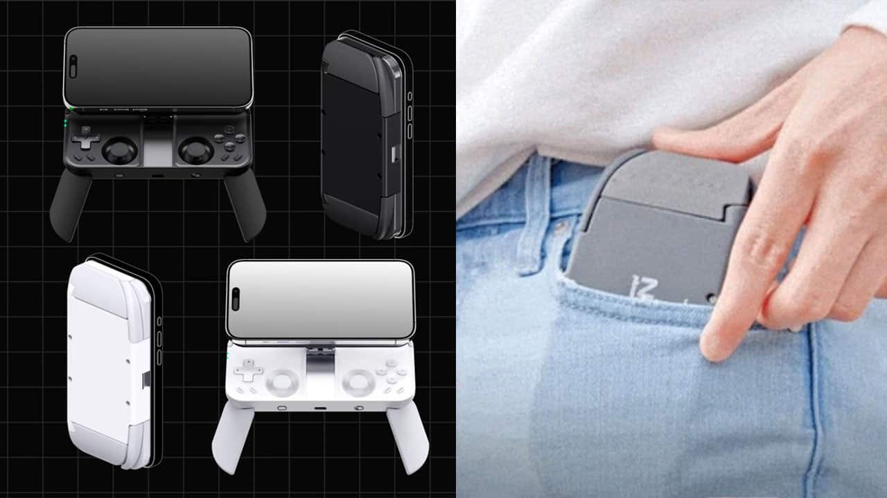 (left) the MCON magnetic gaming controller in black and white, (right) putting the MCON into a jeans pocket