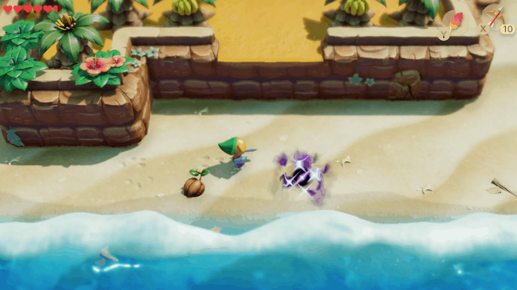 Link's Awakening Gameplay - Link on Koholint Island beach holding his sword