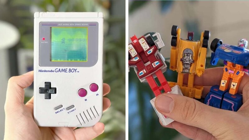 Brandon holding a Game Boy (left) and Theo holding Transformers (right)