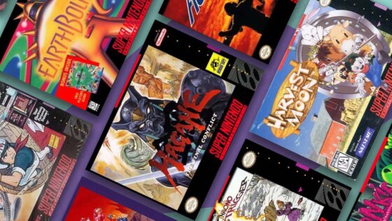 A selection of SNES game cases arranged on the Retro Dodo background