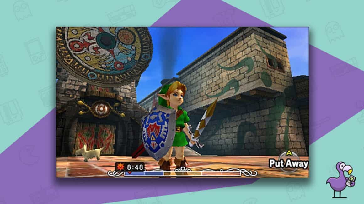 Link standing in Clock town with a dog behind him