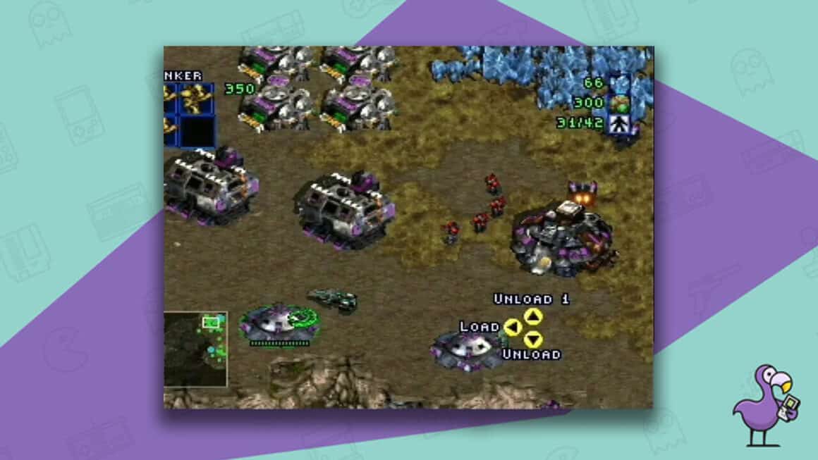 Starcraft 64 gameplay.- vehicles moving towards troops mid-battle