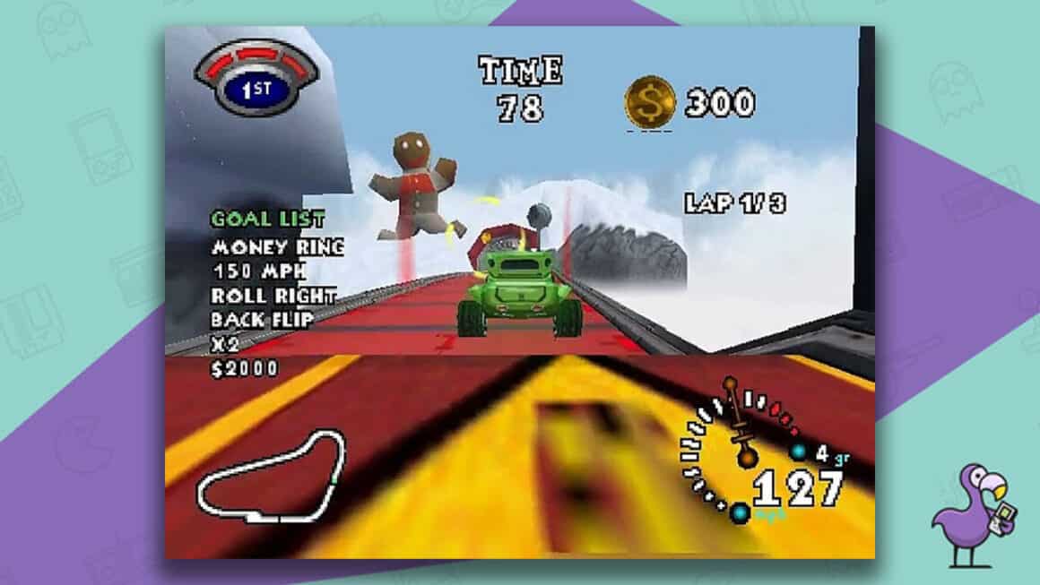 Stunt Racer 64 gameplay, with a green car moving up a ramp towards the sky