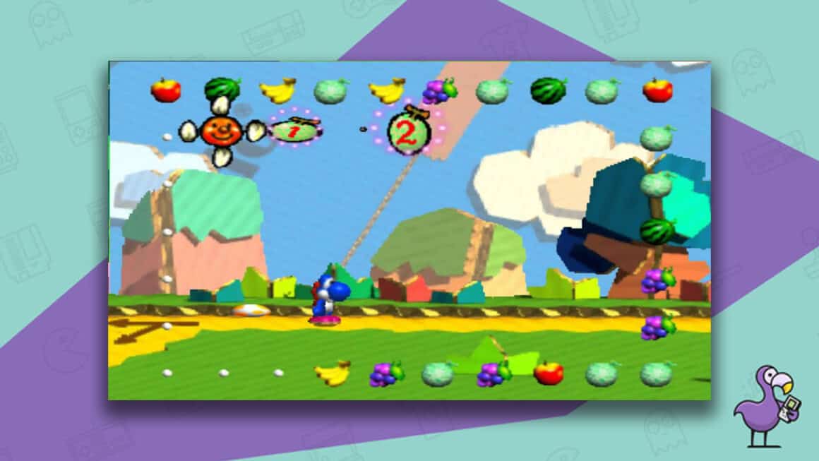 Yoshi's Story gameplay - A blue Yoshi is standing on a yellow path with storybook trees behind him. There are lots of fruits on the screen.