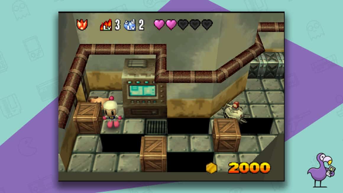 Bomberman 64 The Second Attack gameplay, with Bomberman standing on grey blocks trying to avoid holes in the floor