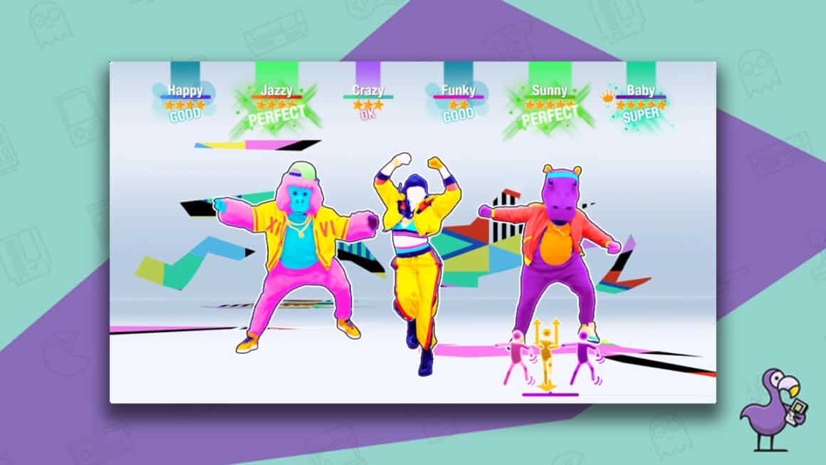 Just Dance 2020 - a girl in a yellow tracksuit dancing next to a pink gorilla and a purple hippo