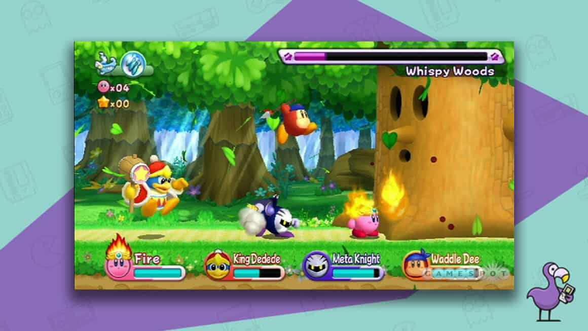 Kirby's Return To Dream Land gameplay, with Kirby, King Dedede, Meta Knight, and Waddle Dee attacking a tree named Whispy Woods