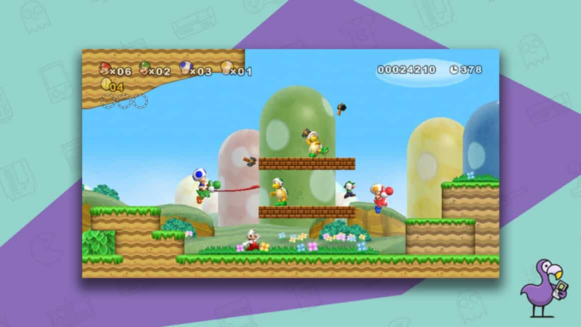 New Super Mario Bros gameplay, with  two toads riding Yoshis, Mario, and Luigi battling Hammer Bros
