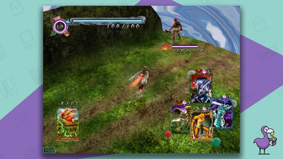 Character moving to the top of a hill where an enemy waits. There are cards available to use on the screen.
