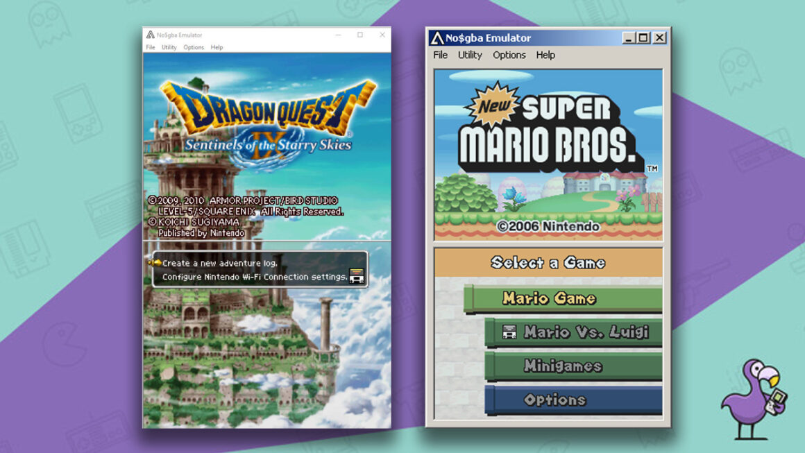 No$GBA emulator showing Dragon Quest and New Super Mario Bros.