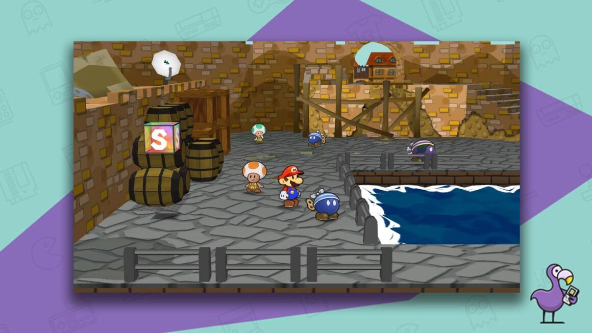 Paper Mario: The Thousand-Year Door gameplay, with Mario standing next to an orange Toad and a bob-omb near a save block and water