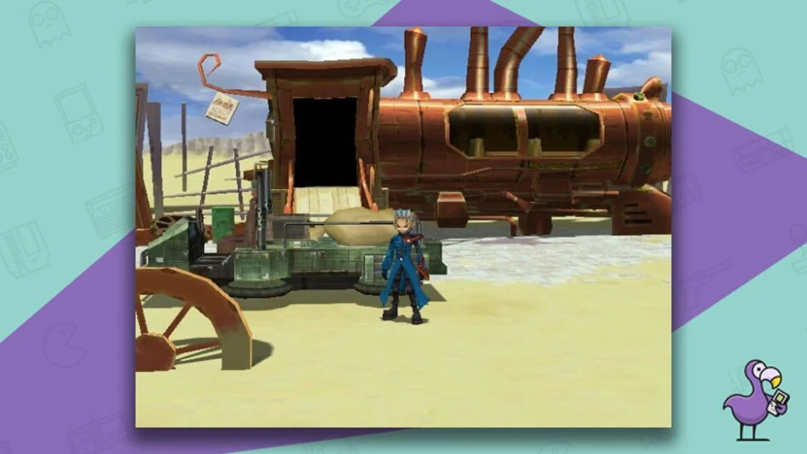 Wes standing  by a rusty train surrounded by sand - Pokemon Colosseum gameplay