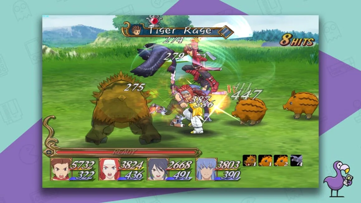 Tales Of Symphonia gameplay - four characters fighting enemies on the field of battle