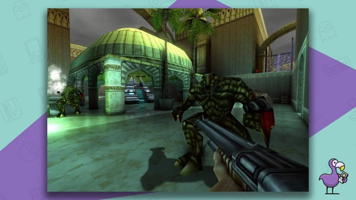Turok 2: Seeds of Evil gameplay, with Turok holding a weapon towards an enemy