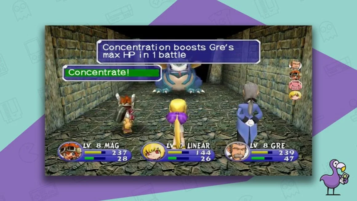 Evolution Worlds gameplay - characters battling an enemy in a grey brick corridor. 