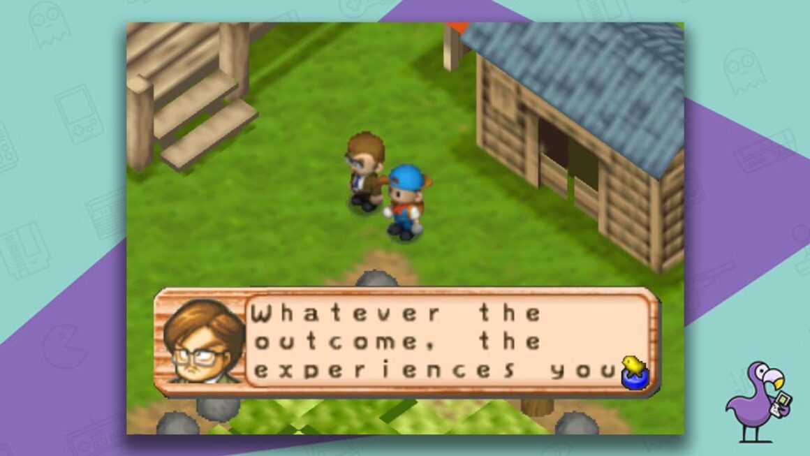Harvest Moon 64 gameplay, with two players standing side by side chatting in front of a barn.