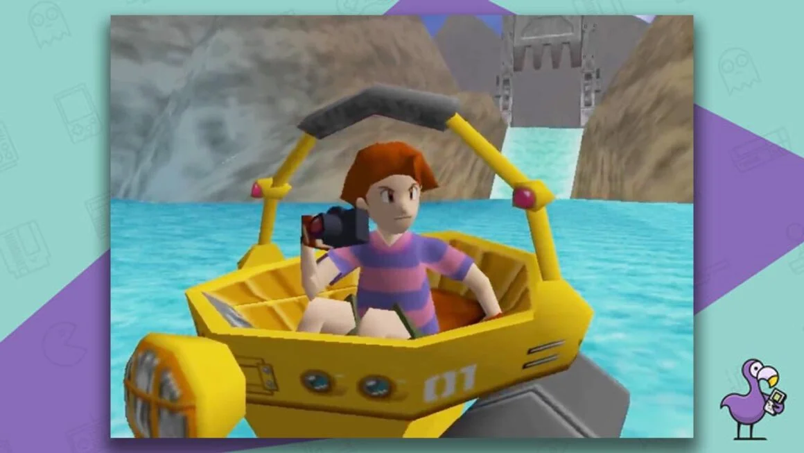 Pokemon Snap gameplay, with Todd holding his camera in the Zero-One on a lake