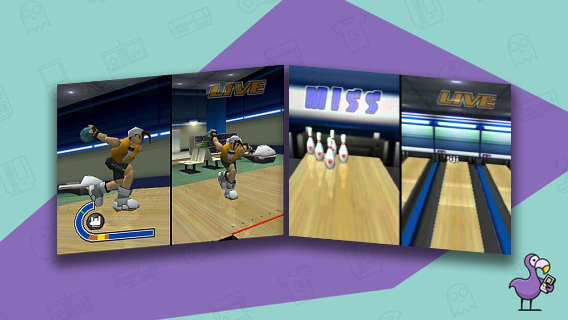 Super Bowling gameplay - angles of a player taking a shot (left) and shots of the pins (right)