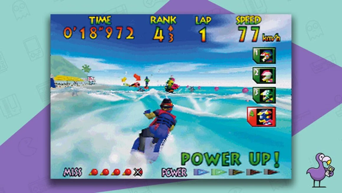 Wave Race 64 gameplay, with a racer in 4th place moving across waves in the ocean.
